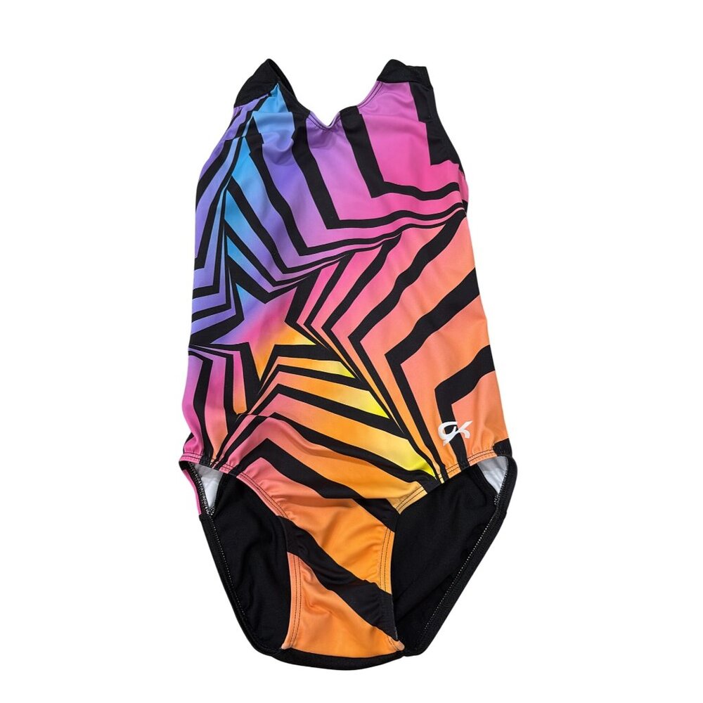 Girls GK Elite Cirque Gymnastics Leotard Rainbow Star Print Black Side Panels